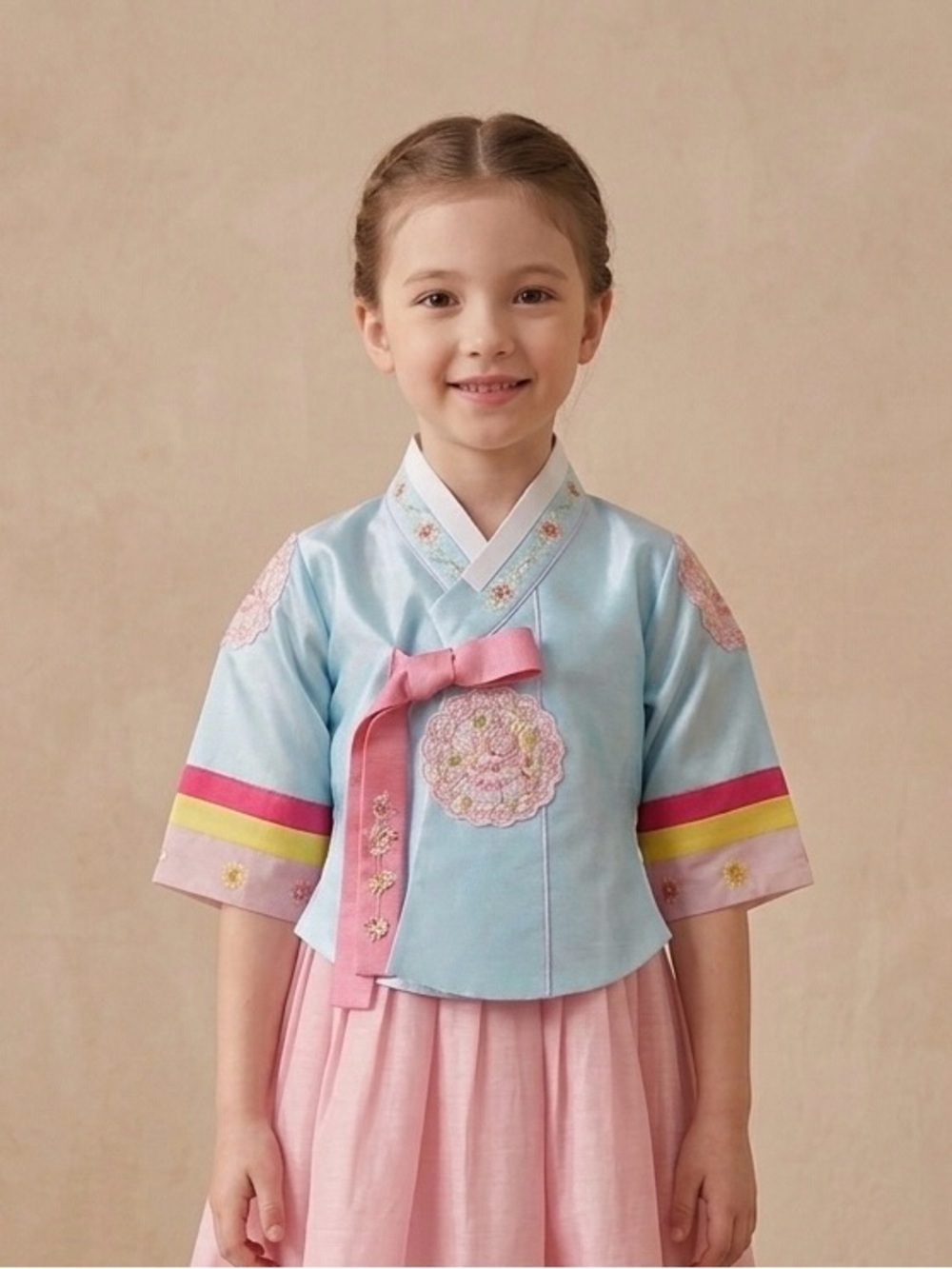 Girls Light Blue and Pink Embroidered Hanbok Top with Ribbon Tie